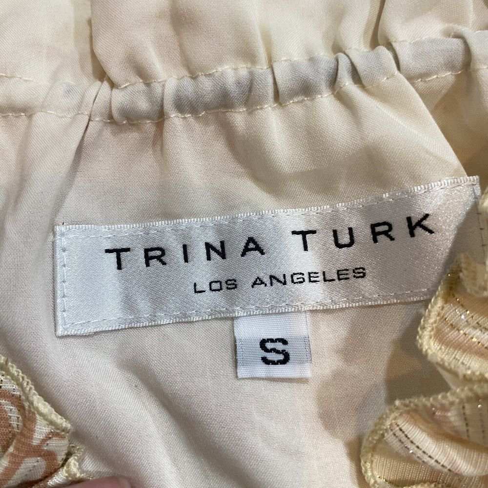 TRINA TURK Women Sleeveless Blouse Fancy Gold Silver Beige Ruffle Neck Casual - Picture 2 of 7